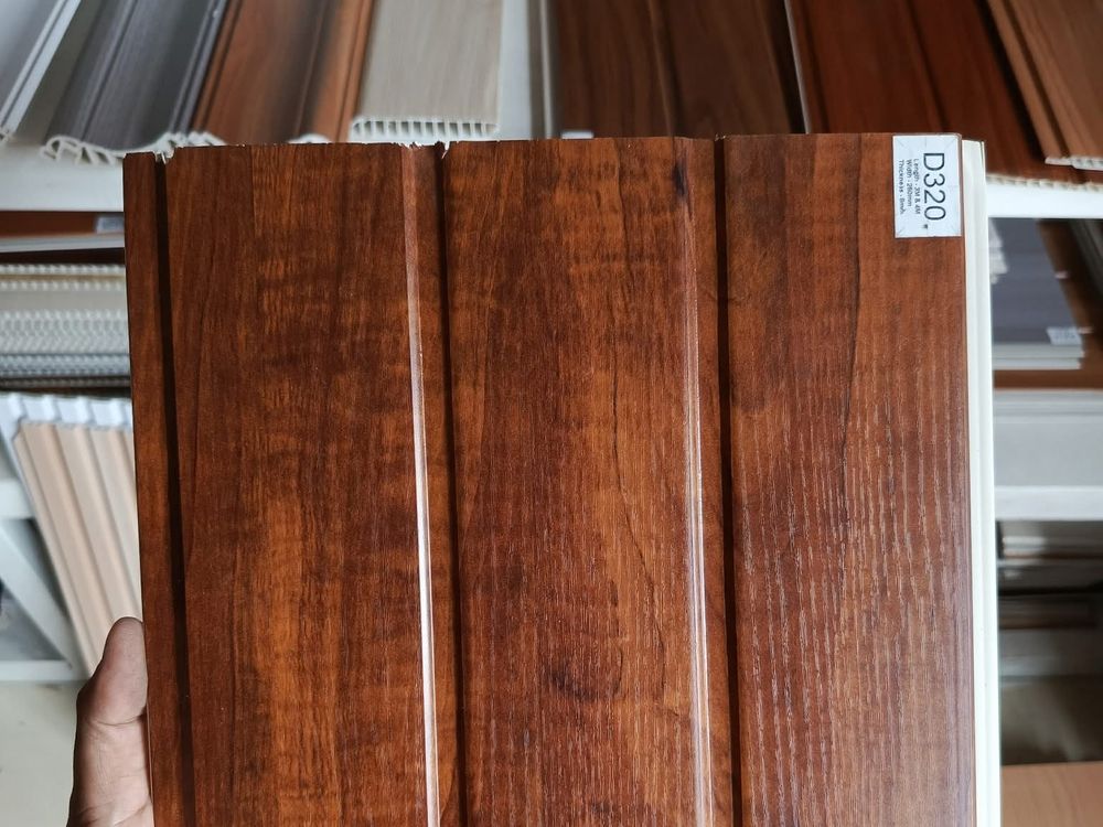 Close-up wood-grain ceiling panel finish